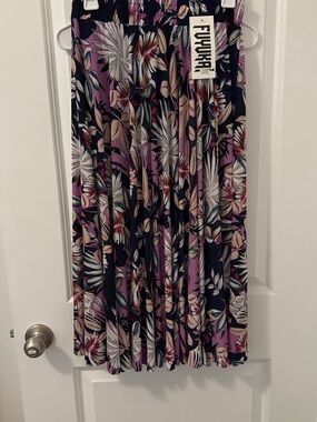 Navy and Lavender Floral Pleated Midi Skirt